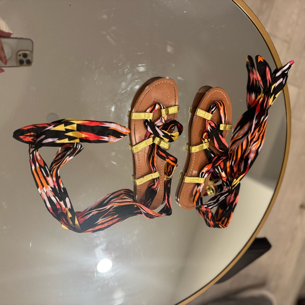 Colorful Strappy Sandals with Patterned Ties